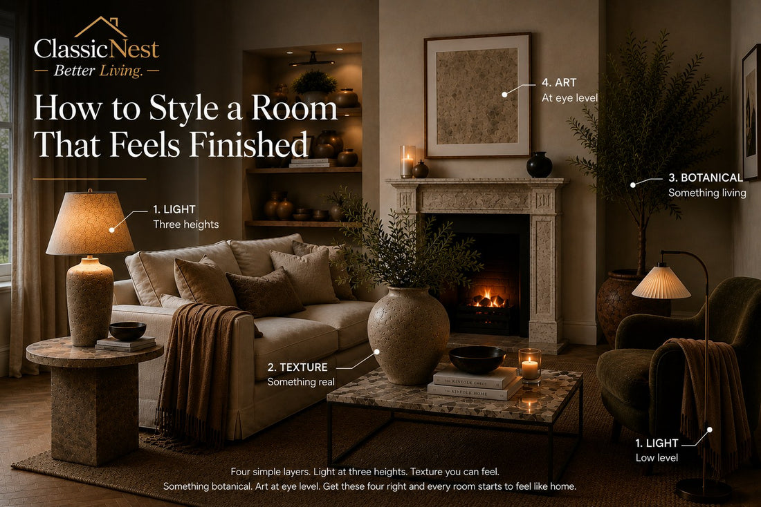 Warmly lit living room labelled with the four styling layers of light, texture, botanical and art at eye level