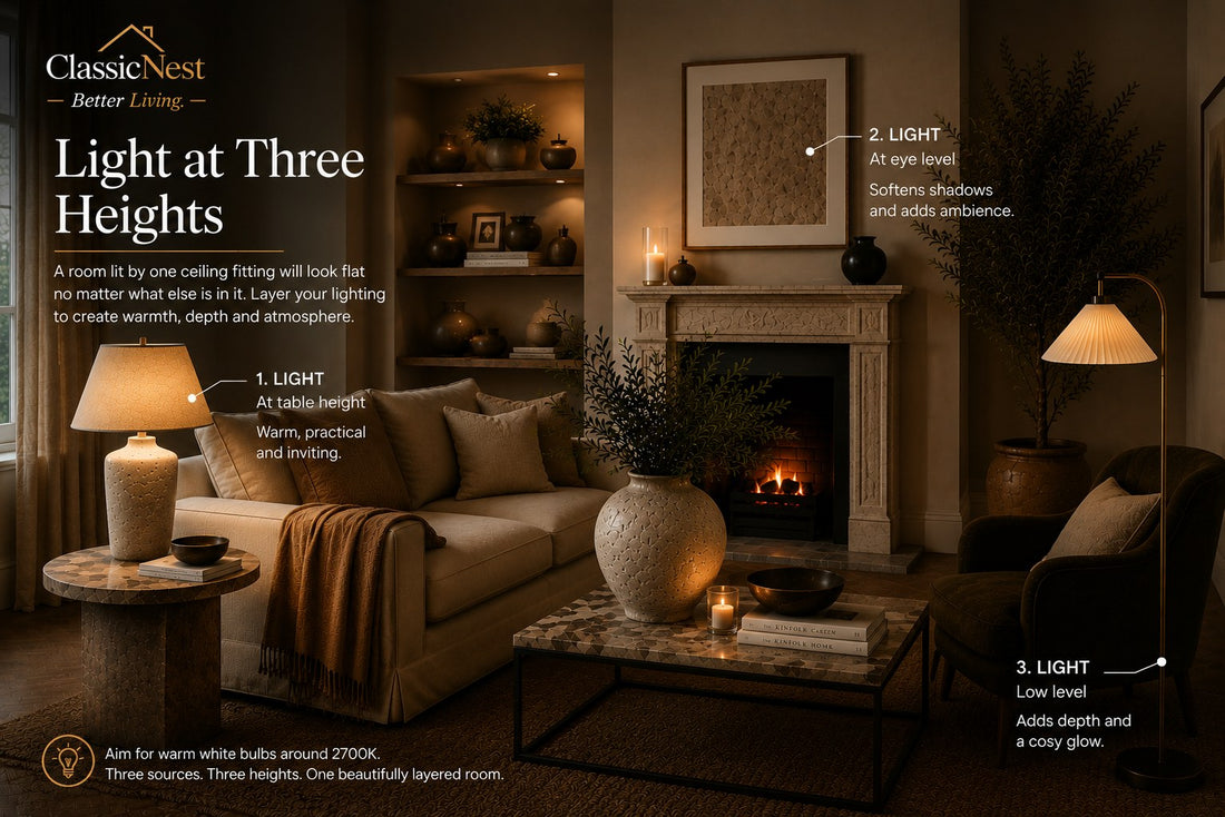 Living room lit at three heights by a table lamp, alcove lighting and a floor lamp beside an armchair