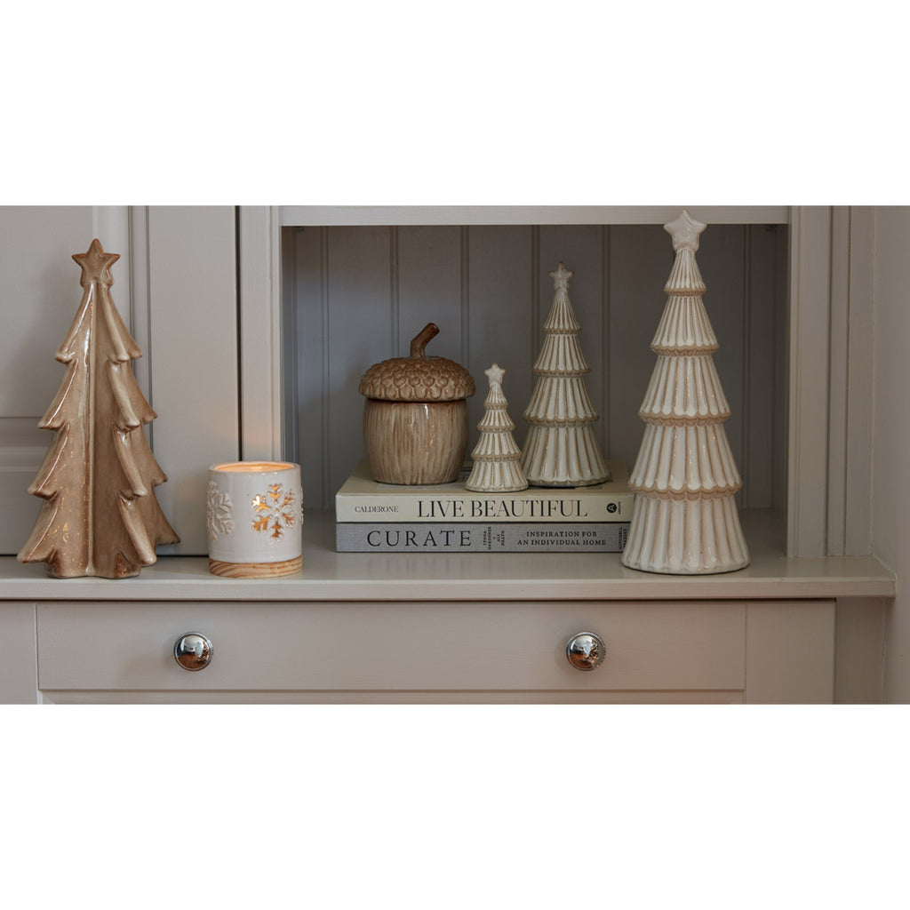 Alora Ceramic Snowflake Candle Holder On Wood Base