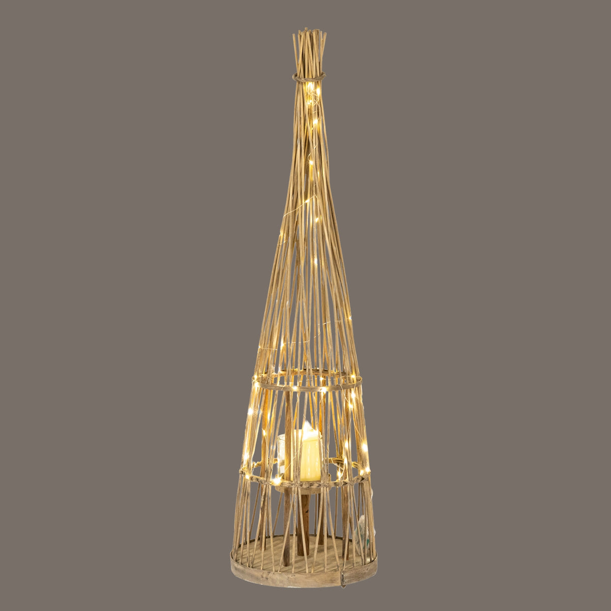 Small Conical Wicker Lantern With Glass Holder & LED Lights