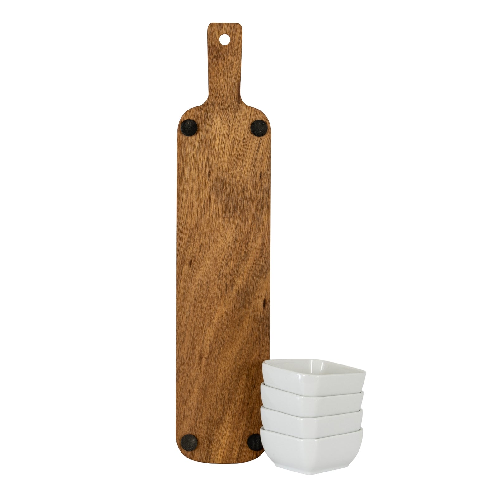 Acacia Serving Board including Four Ceramic Serving Bowls