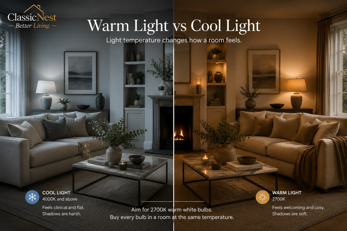 The same living room shown side by side under cool 4000K light and warm 2700K light