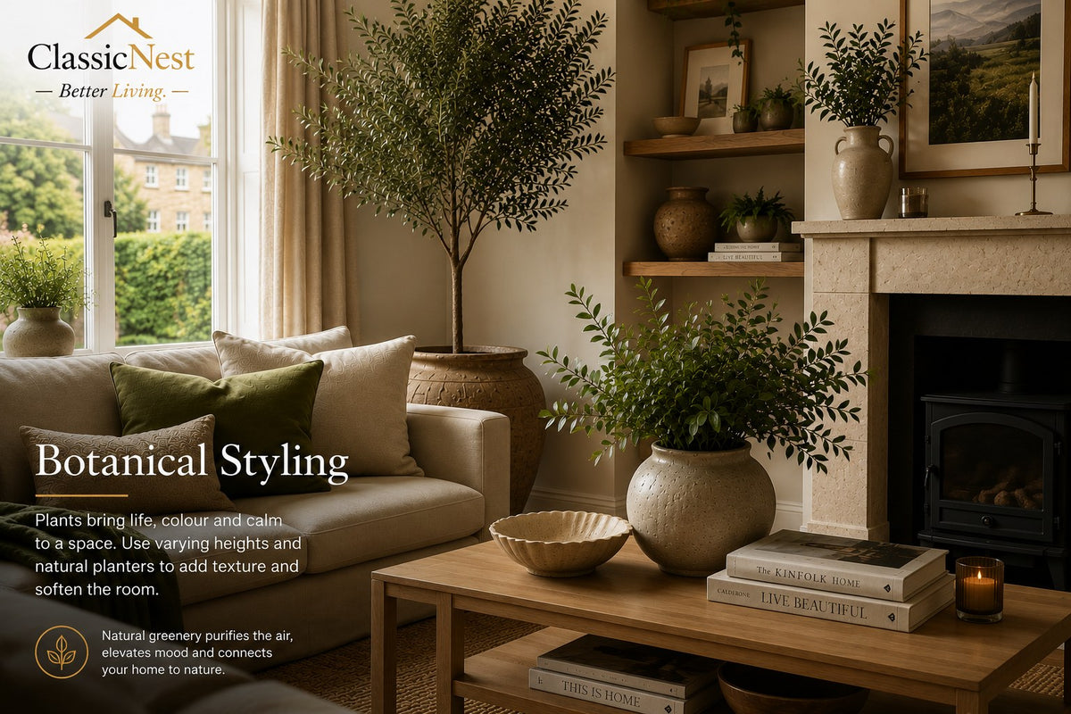 Living room styled with an olive tree, potted greenery and leafy stems in ceramic vases beside a fireplace