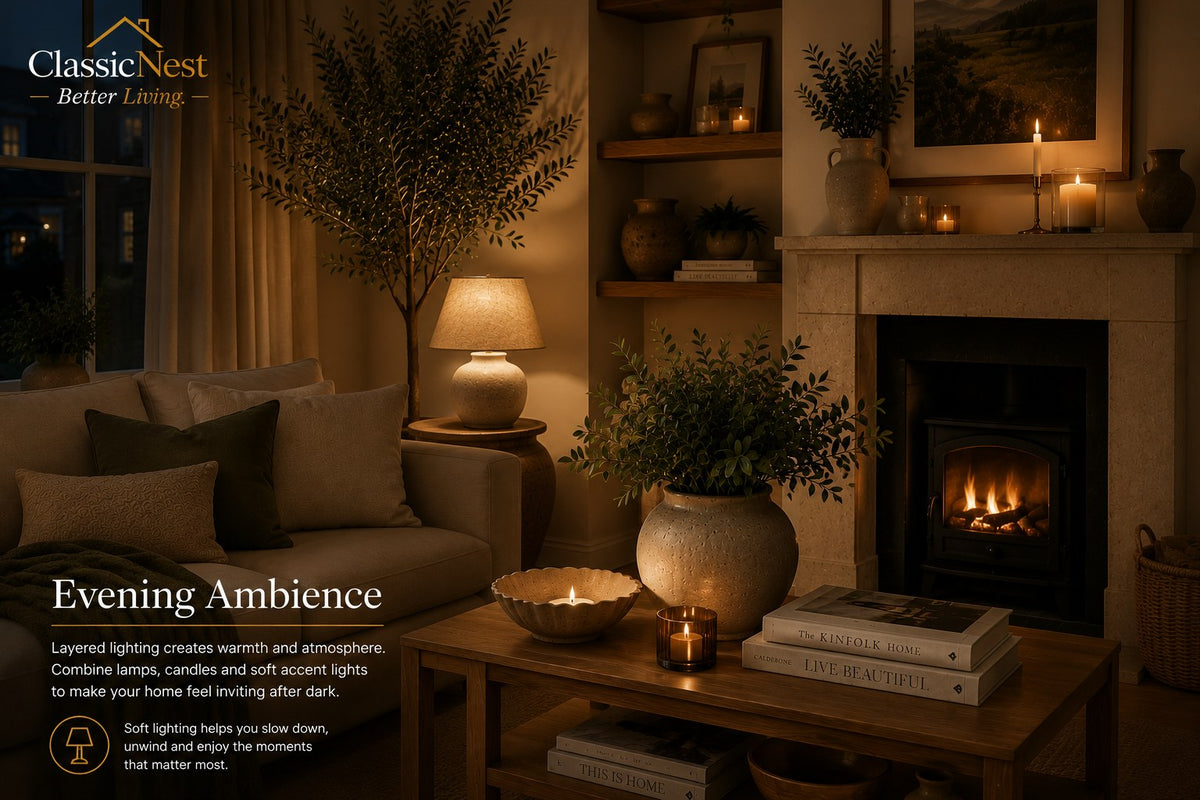 Living room after dark lit by a table lamp, candles and a wood burning stove