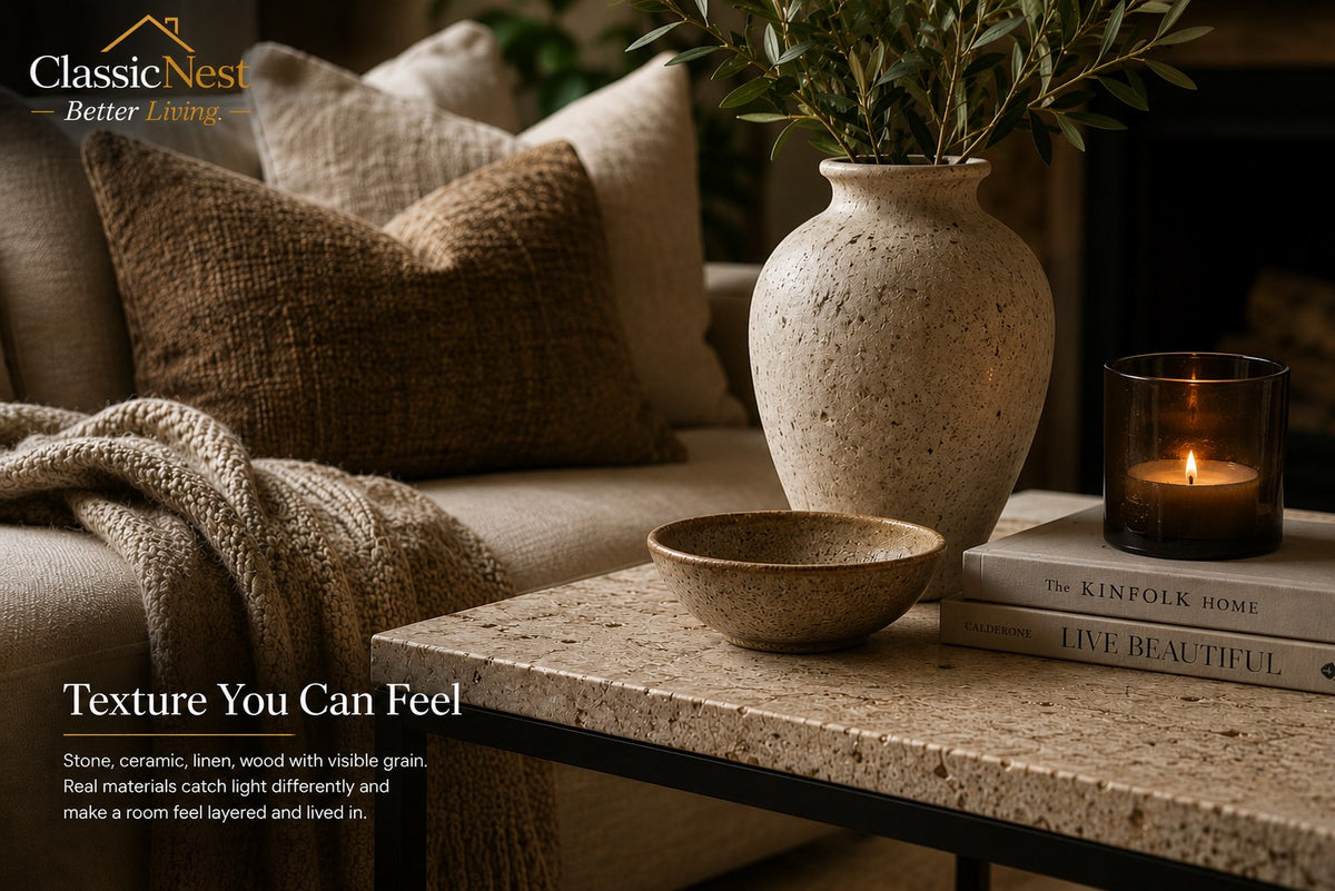 Close up of a textured stone vase, a glazed ceramic bowl, linen cushions and a travertine table top